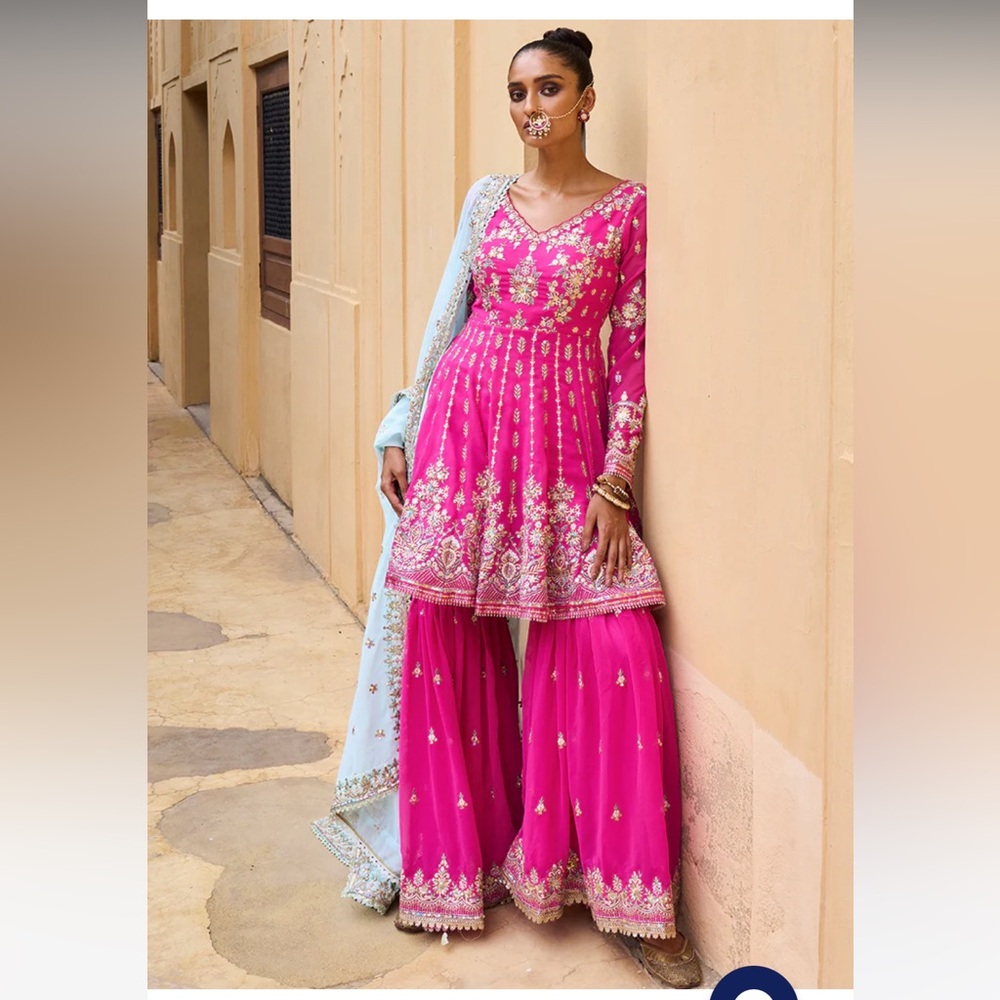 Hot Pink And Mint Georgette Gharara Suit Lashkaraa